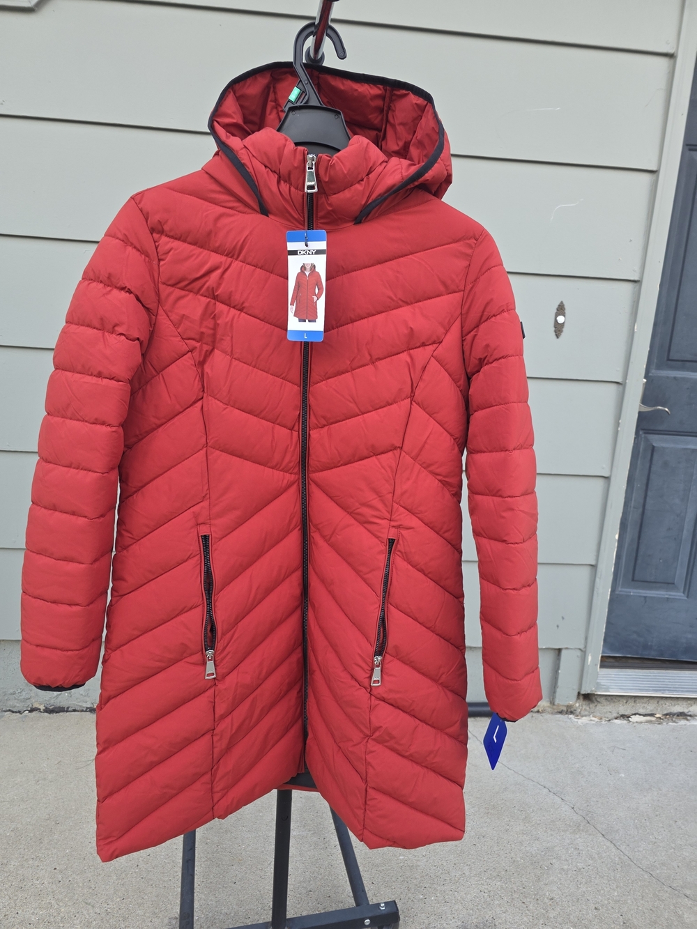 DKNY Women's Red Quilted Hooded Puffer Coat Women Size Large